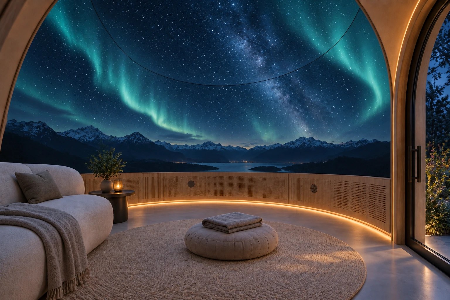 Interior conceptual de un domo con una atmósfera nocturna de auroras y estrellas en la pantalla envolvente