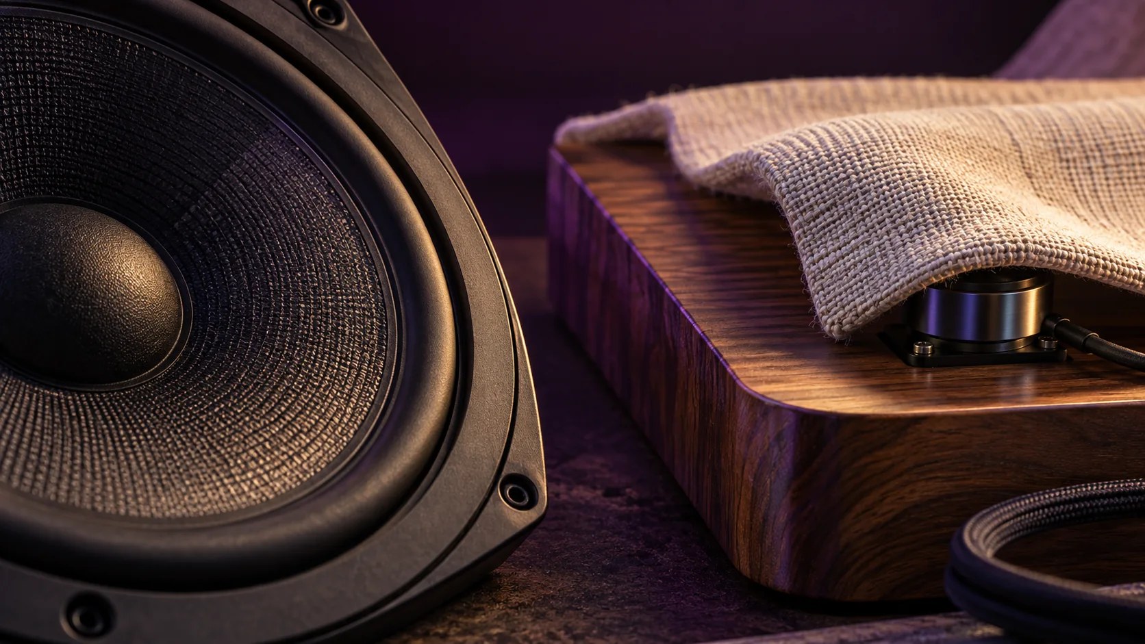 Composición conceptual de un altavoz, textiles y un transductor sobre madera, como acercamiento a la relación entre sonido y vibración.